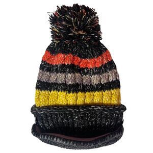 HOPE Knit Fairs Isle Nordic Bobble Pom Beanie Hat Womens OS Chin Strap